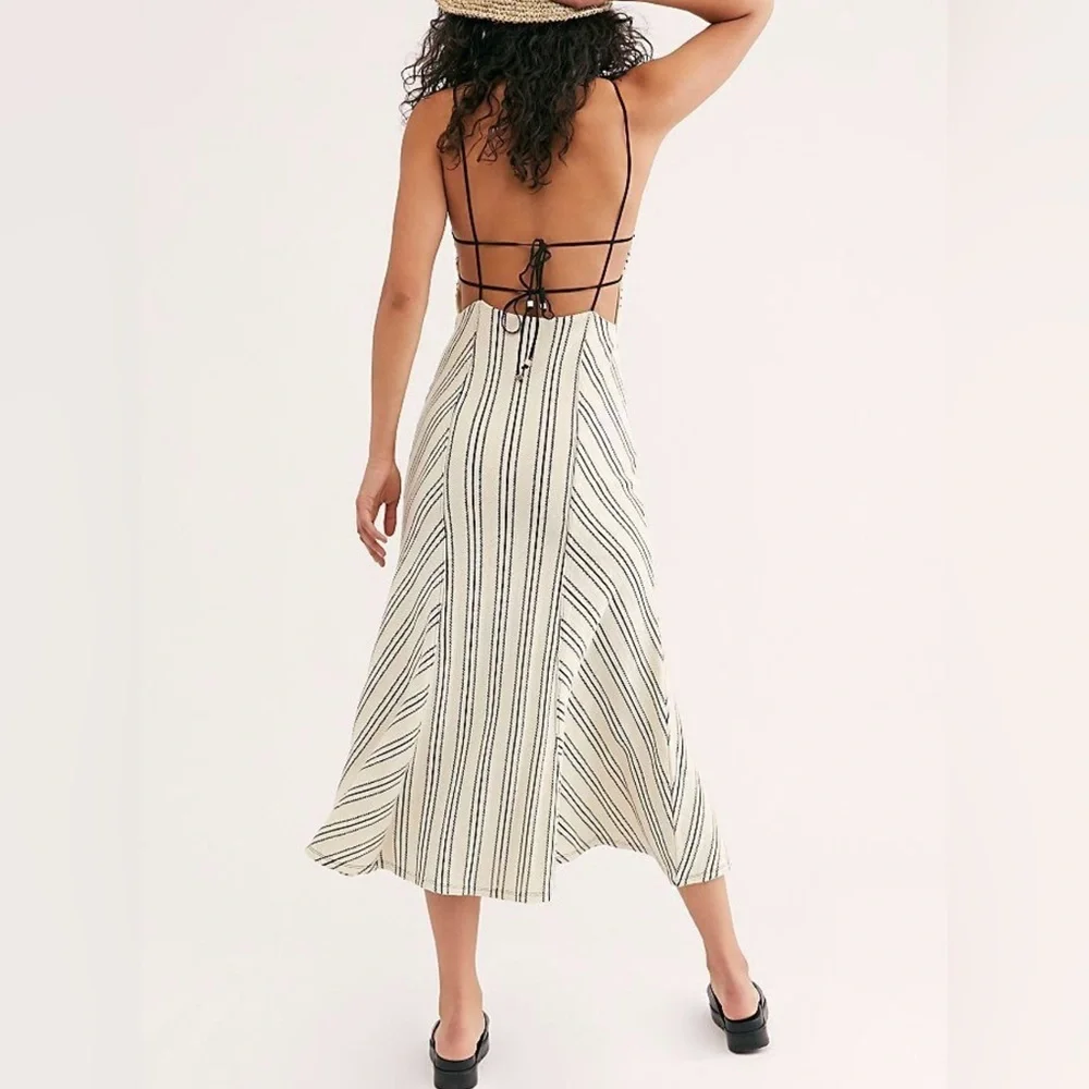 Free People Women Chevron Backless Strappy Knit Midi Dress Sz Medium Cream Black